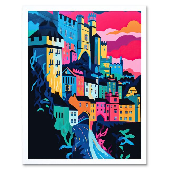 "Artery8 Wall Art Print Nottingham City Vibrant Abstract Pop Art Cityscape Art Framed in White - Size: W12"" x H16""" - image 1