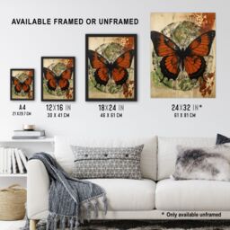 "Artery8 Vintage Monarch Butterfly Botanical Earthy Grunge Aesthetic Extra Large XL Wall Art Poster Print - Size: W24"" x H32""" - thumbnail 3