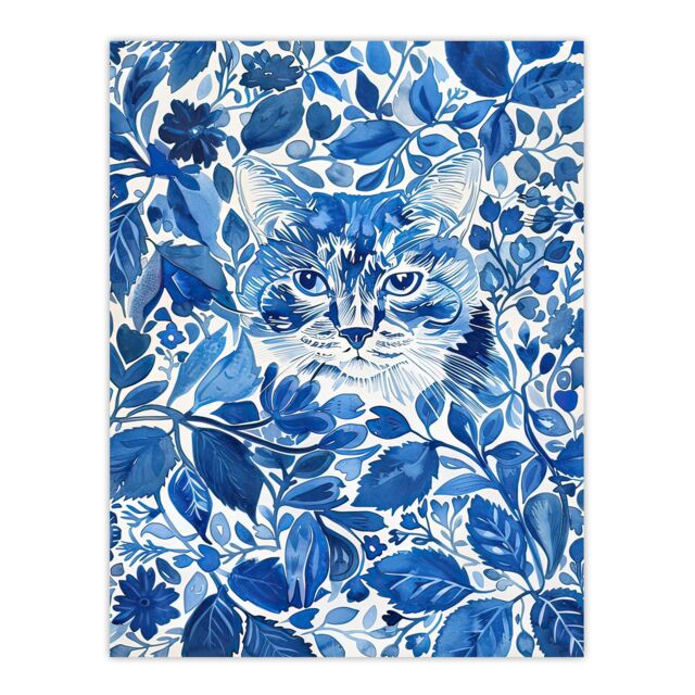 "Artery8 Cat Lover Floral Blue China Pattern Watercolour Wall Art Print - Size: W24"" x H32""" - image 1