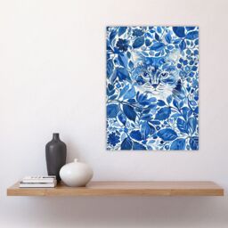 "Artery8 Cat Lover Floral Blue China Pattern Watercolour Wall Art Print - Size: W24"" x H32""" - thumbnail 4
