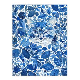 "Artery8 Cat Lover Floral Blue China Pattern Watercolour Wall Art Print - Size: W24"" x H32""" - thumbnail 1