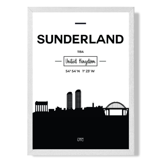 ARTZE Sunderland Black & White City Skyline Framed Print SIZE: A3 with White Frame - Size: A2 - image 1