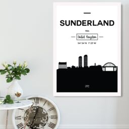 ARTZE Sunderland Black & White City Skyline Framed Print SIZE: A3 with White Frame - Size: A2 - thumbnail 2