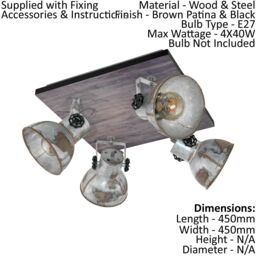 Loops Adjustable 4 Bulb Ceiling Spotlight Wood & Raw Industrial Steel Shade 40W E27 in Metallics - thumbnail 2