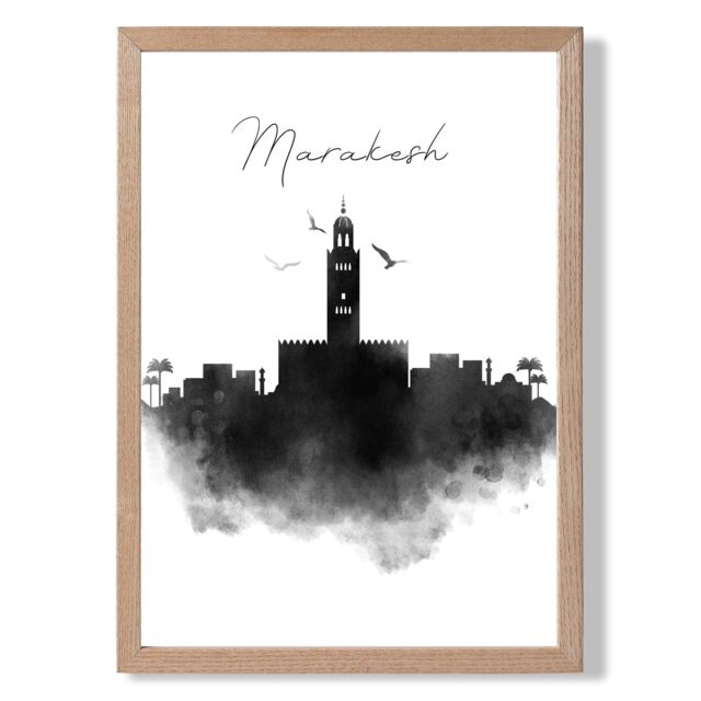 ARTZE Marakesh Watercolour Skyline City Framed Print SIZE: A4 with Oak Frame in Black - image 1