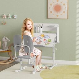 AIYAPLAY Kids Desk & Chair Set w/ Tiltable Desktop, Reading Rack in Grey
