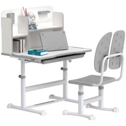 AIYAPLAY Kids Desk & Chair Set w/ Tiltable Desktop, Reading Rack in Grey - thumbnail 2
