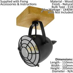 Loops 2 PACK Wall / Ceiling Light Black & Wood Adjustable Spotlight 1x 40W E14 - thumbnail 2