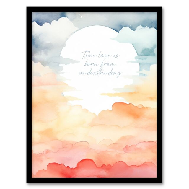 Artery8 Wall Art Print True Love is Born from Understanding Buddhist Sun Clouds Framed Art in Orange - Size: A4 - image 1