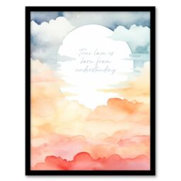 Artery8 Wall Art Print True Love is Born from Understanding Buddhist Sun Clouds Framed Art in Orange - Size: A4 - thumbnail 1