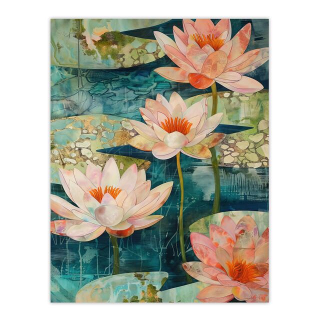 "Artery8 Tranquil Pink Water Lilies on Calm Pond Artwork Wall Art Print in Blue - Size: W24"" x H32""" - image 1