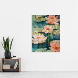 "Artery8 Tranquil Pink Water Lilies on Calm Pond Artwork Wall Art Print in Blue - Size: W24"" x H32""" - thumbnail 4