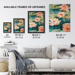 "Artery8 Tranquil Pink Water Lilies on Calm Pond Artwork Wall Art Print in Blue - Size: W24"" x H32""" - thumbnail 3