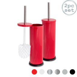 Harbour Housewares 2x Round Toilet Brushes with Holder - Non Slip Cleaning Brush Set in Red