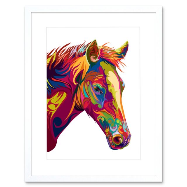 "Artery8 Wall Art Print Horse Swirly Colourful Art Framed 9x7 inch in White - Size: W7"" x H9""" - image 1