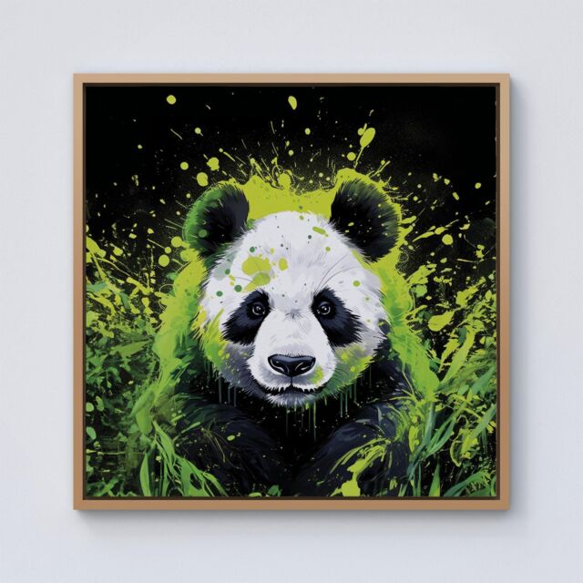 Warren Reed - Designer Green Splashart Panda Face Framed Canvas in Light Brown - Size: w40 inch x h40 inch - image 1