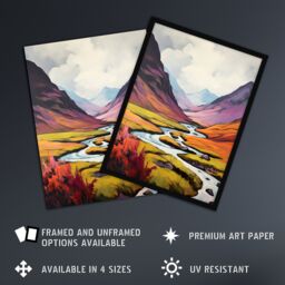 Artery8 Scotland Glencoe Valley Oil Painting Majestic Mountains & River w/ Heather Shrubs Large Wall Unframed Art Poster Print Thick Paper 18X24 Inch - thumbnail 2