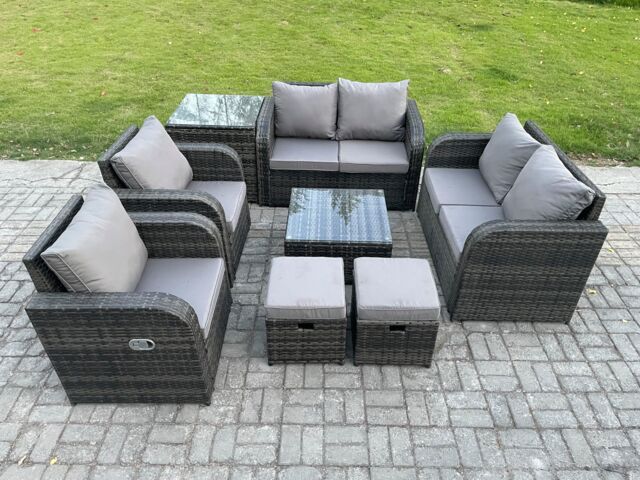 Fimous 8 Seater Rattan Sofa Set Outdoor Garden Furniture Set with Square Coffee Table Loveseat Sofa Reclining Chairs Side Table 2 Small Footstools - image 1