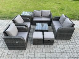 Fimous 8 Seater Rattan Sofa Set Outdoor Garden Furniture Set with Square Coffee Table Loveseat Sofa Reclining Chairs Side Table 2 Small Footstools - thumbnail 1
