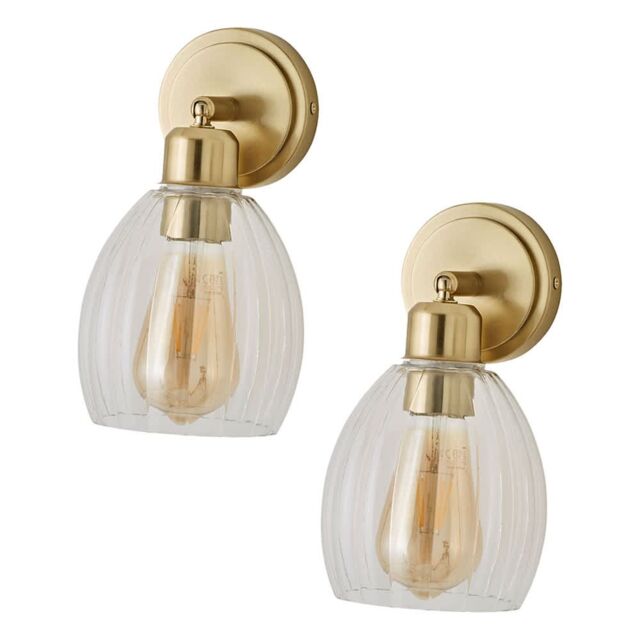 ValueLights Cheltenham Pair of Ribbed Glass Dome Adjustable Spotlight Wall Lights in Gold - image 1