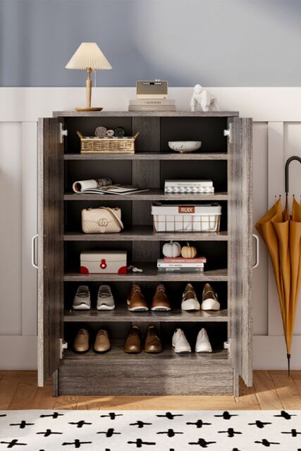 Living and Home 6-Tier Two Doors Wood Grain Shoe Cabinet in Grey - image 1
