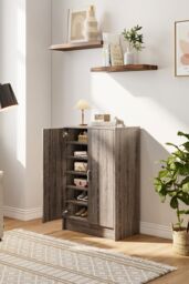 Living and Home 6-Tier Two Doors Wood Grain Shoe Cabinet in Grey - thumbnail 2