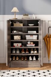 Living and Home 6-Tier Two Doors Wood Grain Shoe Cabinet in Grey