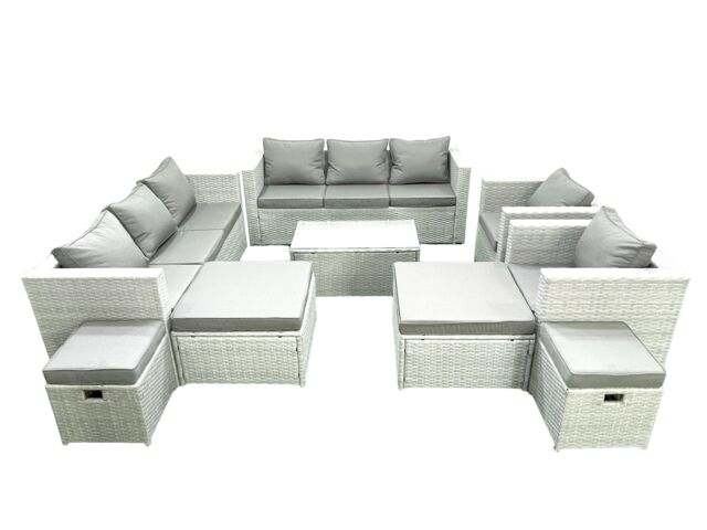 Fimous 9 Pieces Rattan Garden Furniture Set Outdoor Garden Sofa Chair Coffee Table Set with 4 Footstools Light Grey Mixed - image 1