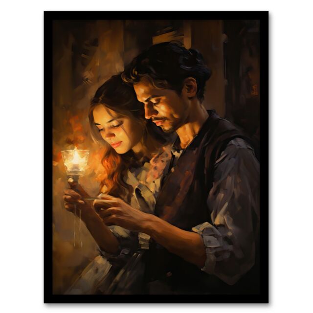 "Artery8 Wall Art Print La Boheme Young Couple Candlelight Scene Oil Painting Art Framed in Brown - Size: W12"" x H16""" - image 1