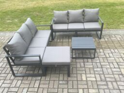 Fimous Aluminium 4 Pieces Garden Furniture Sofa Set with Cushions 7 Seater Outdoor Patio Set with Square Coffee Table Big Footstool Dark Grey - thumbnail 2