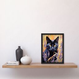 Artery8 Wall Art Print Black Cat in Lavender Meadow Floral Animal Portrait Framed - Size: A4 - thumbnail 4