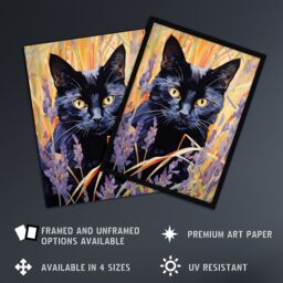Artery8 Wall Art Print Black Cat in Lavender Meadow Floral Animal Portrait Framed - Size: A4 - thumbnail 2