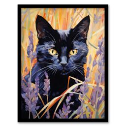 Artery8 Wall Art Print Black Cat in Lavender Meadow Floral Animal Portrait Framed - Size: A4 - thumbnail 1