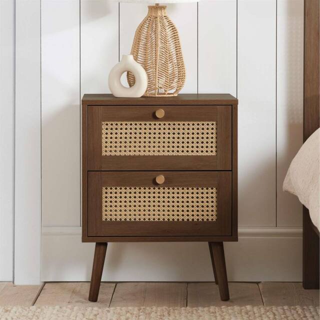 Birlea Bedside 2 Drawer Cabinet Walnut Rattan Croxley Side Table - image 1