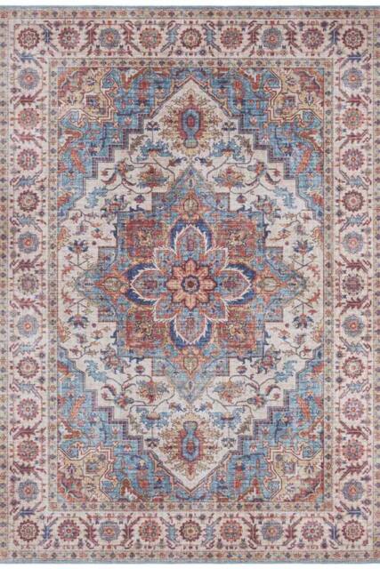 THE RUGS Oriental Anthea Rug - Vintage Medallion Polyester Flatweave 0.5cm in Blue - Size: 160 cm diameter - image 1