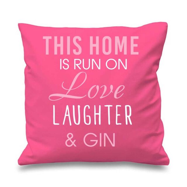 "60 SECOND MAKEOVER Pink Cushion Cover This Home Is Run By Love Laughter & Gin 16"" x 16"" Mum Friend Gift Decorative Cushion Home - Size: 40 cm x 40 cm"