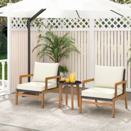 Costway 3 Piece Patio Conversation Set Wicker Chair & Side Table Set w/ Soft Cushions in White - thumbnail 2