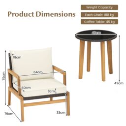 Costway 3 Piece Patio Conversation Set Wicker Chair & Side Table Set w/ Soft Cushions in White - thumbnail 6