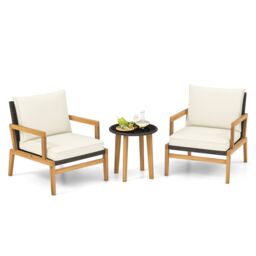 Costway 3 Piece Patio Conversation Set Wicker Chair & Side Table Set w/ Soft Cushions in White - thumbnail 5