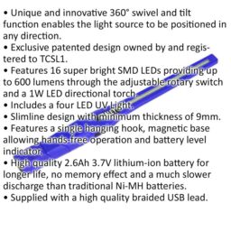 Loops Slimline Swivel Inspection Light - 16 SMD & 1W LED - 4 LED UV Light - Blue - thumbnail 2
