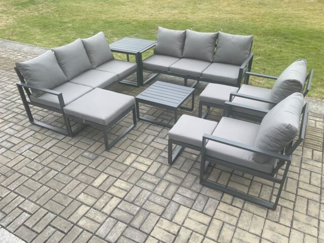 Fimous Aluminium Outdoor Garden Furniture Set Patio Lounge Sofa with Square Coffee Table Side Table 2 Armchairs 3 Footstools Dark Grey - image 1