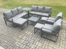 Fimous Aluminium Outdoor Garden Furniture Set Patio Lounge Sofa with Square Coffee Table Side Table 2 Armchairs 3 Footstools Dark Grey - thumbnail 1