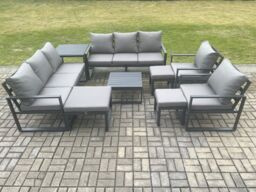 Fimous Aluminium Outdoor Garden Furniture Set Patio Lounge Sofa with Square Coffee Table Side Table 2 Armchairs 3 Footstools Dark Grey - thumbnail 2