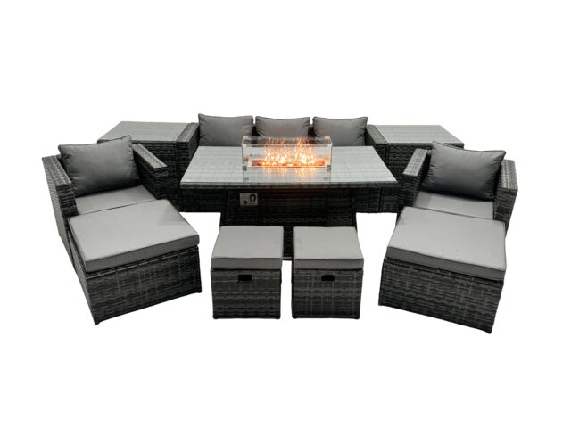 Fimous Rattan Garden Furniture Firepit Dining Set 9 Seater Lounge Sofa Table Set with 2 side table 4 Footstool in Dark Grey - image 1