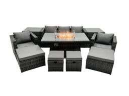 Fimous Rattan Garden Furniture Firepit Dining Set 9 Seater Lounge Sofa Table Set with 2 side table 4 Footstool in Dark Grey - thumbnail 1
