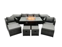 Fimous Rattan Garden Furniture Firepit Dining Set 9 Seater Lounge Sofa Table Set with 2 side table 4 Footstool in Dark Grey - thumbnail 2
