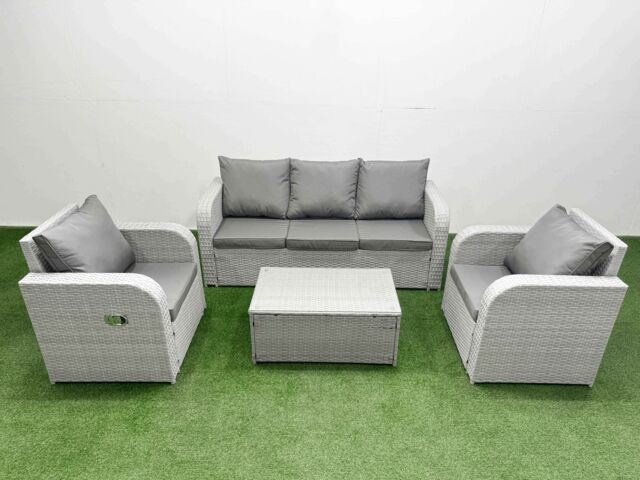 Fimous PE Rattan Garden Furniture Set Reclining Chair Sofa Lounge Sofa Set Oblong Coffee Table Light Grey - image 1
