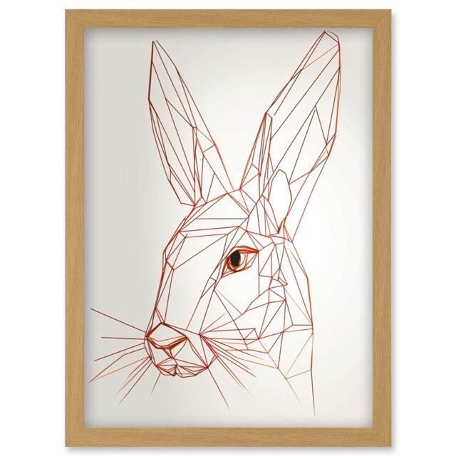 Artery8 Rabbit Polygon Head Minimal Line Drawing Portrait Artwork Framed Wall Art Print A4 in Light Oak - image 1