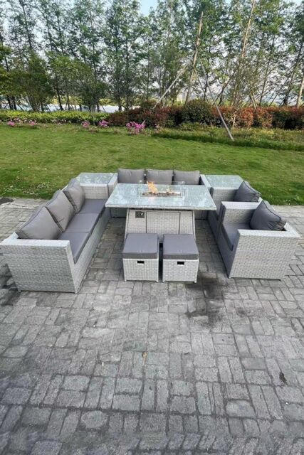 Fimous Rattan Fire Pit Garden Furniture Gas Heater Burner Lounge Sofa Dining Set Coffee Table Chairs Stool in Light Grey - image 1