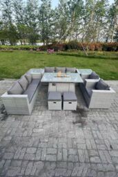 Fimous Rattan Fire Pit Garden Furniture Gas Heater Burner Lounge Sofa Dining Set Coffee Table Chairs Stool in Light Grey - thumbnail 3